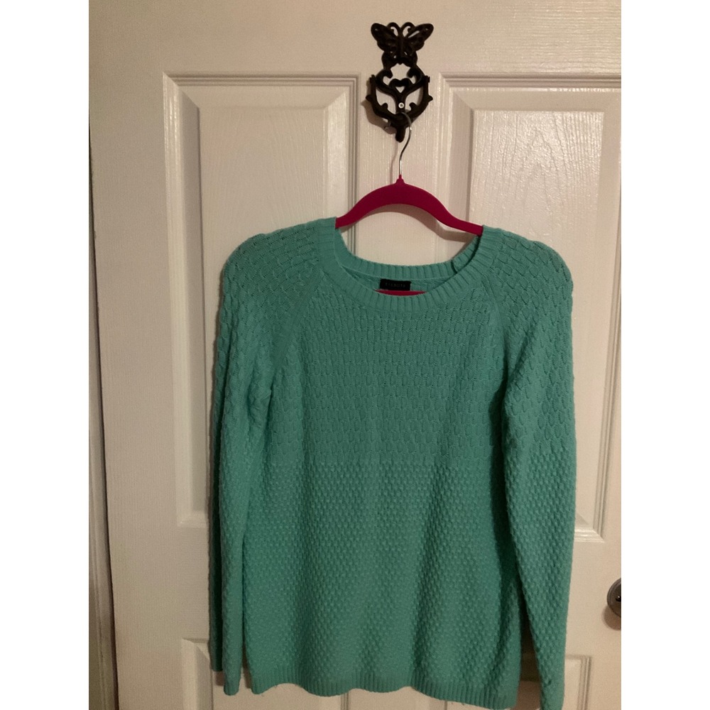 Talbots Womens Medium Teal Green Textured Knit Raglan Crewneck Sweater Aqua